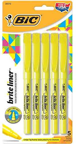 BIC Brite Liner Highlighters, Chisel Point, Yellow, 5-Pack