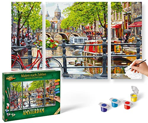 Schipper 609260812 Amsterdam Peinture par numéros pour Adultes, avec pinceaux et peintures acryliques, triptyque, 50 x 80 cm