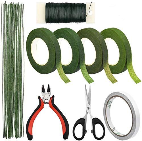 Outils D'arrangement Floral, 4 Rouleaux Ruban Adhésif Floral, 35m Fil Floral, 50pcs Fil Tige Vert Floral, 10m Ruban Adhésif Double Face avec Des Ciseaux, Des Pinces Coupantes pour Fleuristerie Mariage