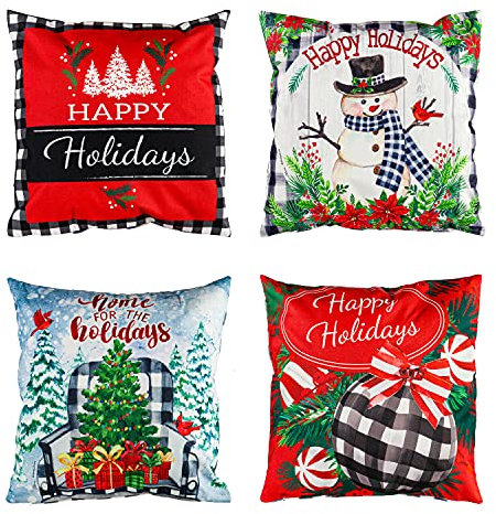 Cypress Home Evergreen Austauschbarer Kissenbezug, Happy Holidays, 4 Stück