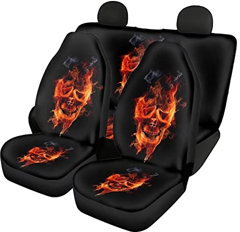 HUGS IDEA Universal Fit Autositzbezüge, 4 Stück, komplettes Set für Vordersitzbezüge, Feuerflamme, Totenkopf-Druck, Autozubehör für Männer und Frauen