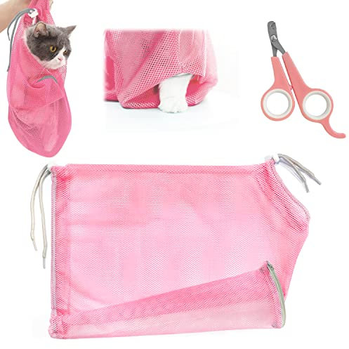 Lot de 2 sacs de salle de bain pour chats et ciseaux pour ongles d'animaux, sac de toilette pour chat, anti-morsure, anti-rayures, sac en maille pour animaux de compagnie, coupe d'ongles