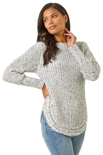 Roman Women Ribbed Jumper for Women UK Ladies Curved Hem Sweater Stitch Detail Pullover Chunky Knitwear Knit Winter Autumn Textured Oversized Soft Cosy Comfy - Ivory - Size 12