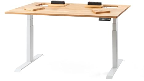 ErgoHide® Höhenverstellbarer Schreibtisch aus Massivholz mit erweitertem Kabelmanagement/Kabelkanal (Eiche, Weiß, Rechteckig, 150x80cm)