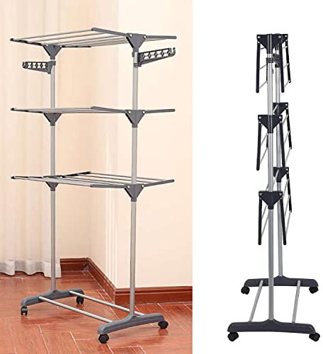 SHISHI Etendoirs sur Pied 3 Niveaux Pliable et Portable, Acier Inoxydable et Plastique, Sechoir a Vêtements pour Intérieur/Extérieur, Sechoir à Linge avec Ailes Latérales (72×56×152 cm Gris B)
