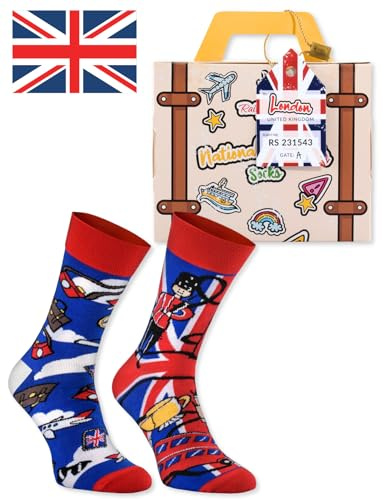 Rainbow Socks - Damen Herren England Lustige Socken Koffer - English Breakfast Tea Queen Elizabeth Bohnen - 1 Paar