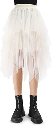 Monbessi Jupe Tulle Femme pour Dames Taille éLastiquéE 80cm Jupe Midi Jupe en Filet IrréGulièRe Daily, Prom, Party (Beige)