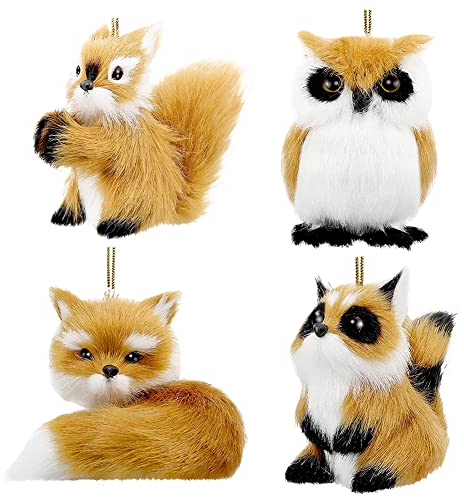 BYNYXI 4 Stück Fell Schlüsselanhänger klein, Pelz Tier Anhänger Süß Mini Eule Kiefern Katze Kaninchen Stofftier Plüsch Keychain Plüsch Weich Flaumig Schlüsselanhänger Taschen Zubehör Anhänger