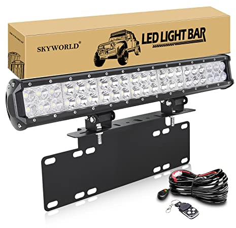 SKYWORLD 50.8cm Arbeitsscheinwerfer 126W LED-Lichtleiste, Zusatzscheinwerfer Offroad Scheinwerfer, kennzeichenhalter nummernschildhalter mit 12V Blitz kabelbaum kit für Auto SUV LKW PKW 4x4