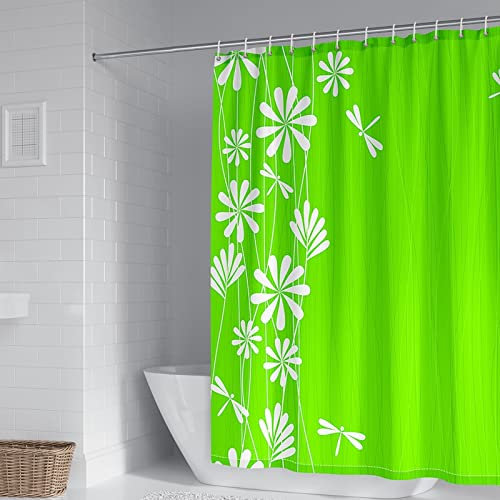 BCughia Duschvorhang Stoff, Duschvorhang Waschbar Blumen und Libellen Muster Polyester Grün Weiß Duschvorhang 180x200cm(72 W x 80 H)