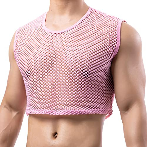 YOOBNG Men's Fishnet Crop Tops Mesh T Shirt See Through Undershirt Nightwear Sheer Shirt