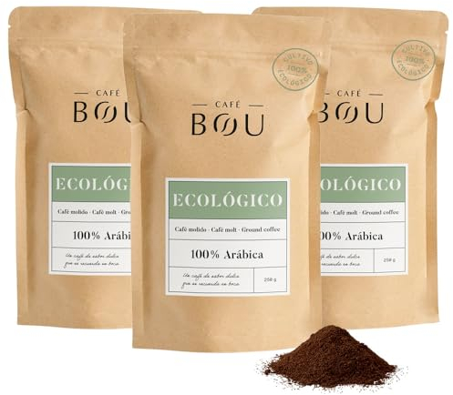 Café Bou | Café Molido Ecológico – Premium | 100% Arábica | Aromas a Caramelo y Fruta | Tueste alto | Cuerpo Medio | Café Ecológico para Espresso | Pack 3 paquetes x 250gr