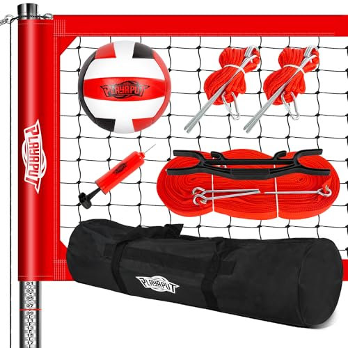 PLAYAPUT Professionelles Volleyball-Netzsystem mit Aluminiumstangen, PU-Volleyball, Pumpe, Begrenzungslinie und Tragetasche, höhenverstellbares Volleyballnetz für den Außenbereich, Volleyballnetz-Set