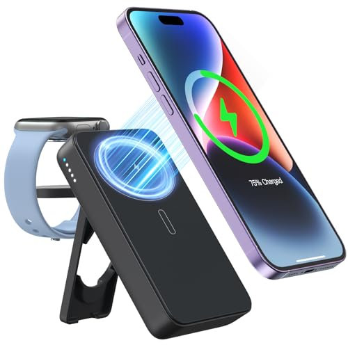 NEWQ Magnetic Wireless Power Bank, 10000 mAh 3 in 1 Tragbares Ladegerät 18W PD Schnelllade-Akkupack für iPhone 14/13/12 Serie, iWatch Ultra/8/7/6/5/4/3/2(Schwarz)