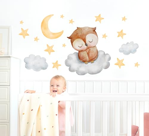 WONDER MURALS Wandtattoo Wandsticker Tiere Babyzimmer Kinderzimmer Mädchen Baby kleiner Fuchs Bär Eule Hase Hirsch schlafen auf Wolke Sterne Mond Deko Wanddeko Wandaufkleber Selbst Aufkleben