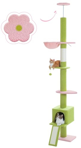 PAWZ Road Blume Kratzbaum deckenhoch, Blumen-Katzenbaum vom Boden bis zur Decke verstellbar höhenverstellbar 216-273cm, Katzenturm mit Hängematte und Katzenhöhle, Anti-Sturzgurt Rosa