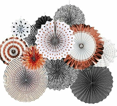 6-12 Pcs Hanging Paper Fans | Paper Fans Set for Party Decorations | Multi-Colored Round Wheel Disc | Paper Flower for Birthday, Wedding & Christmas Party (Black+Rose Gold-12pcs)