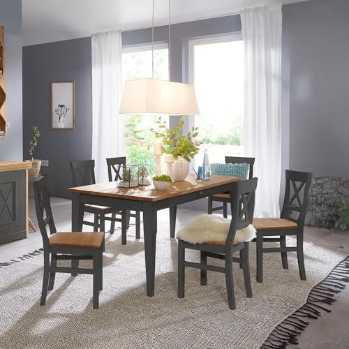 Lomadox Esszimmergruppe in Kiefer grau mit Eiche 7-teilig Landhausstil, 1 Esstisch inkl. 6 Stühle