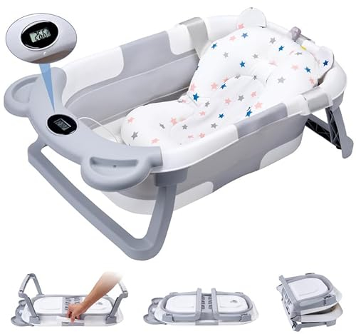 Baby Badewanne mit Thermometer, Faltbare Babybadewanne, Rutschfeste Tragbare Faltbadewanne mit Sitzmatte, Baby Bathtub Babywanne, Tragbare Reisebadewanne für Neugeborene von 0-36 Monaten Grau