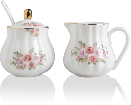 Sweejar Royal Ceramic Sugar and Creamer Set, 3 Piece Set with Cream Pitcher, Sugar Bowl, Sugar Set with Lid & Spoon, Coffee Serving Set Wedding Gift (Sugar and Creamer Set, Rose Flower)