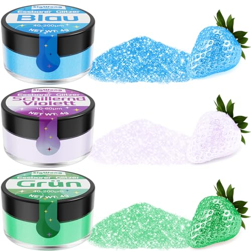 Essbares Glitzer Set - 3x4g Essbarer Glitzer für Getränke Torten, Lebensmittelfarbe Glitzer Pulver für Schokolade, Cocktail, Drinks, Fondant, Flüssigkeiten-Blau, Grün, Schillernd Violett