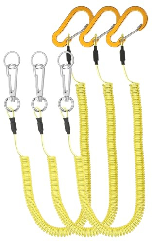 PATIKIL 3 Stück Ausziehbare Spiralkabel Schlüsselanhänger, 10 Spiral Stretchy Sicherheitsleine mit Aluminium-Drehclip für Angeln, Kajakfahren, Klettern, Bootfahren, Zangen, Gelb