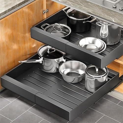 LEKUNI Cajones Extraibles Para Cocina 1 Pies, Cajon Telescopico Adhesivo No Es Necesario Taladrar, Anchura Ajustable Cajones Deslizantes Para Cocina, Organizador Armario Cocina(Negro 32-52cm)