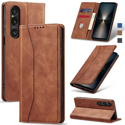 Jasonyu Handyhülle für Sony Xperia 1 VI Hülle Leder Flip Klappbare Stoßfeste Magnetische [Premium PU Leder] [Standfunktion] [Kartenfächern] Schutzhülle Klapphülle für Xperia 1 VI (Braun)