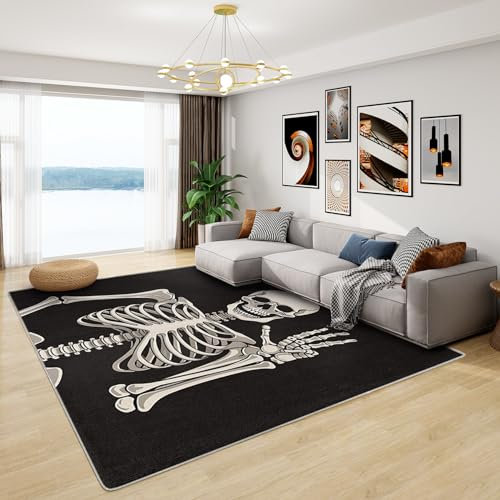 Skelett Teppich - Lustig für Wohnzimmer und Schlafzimmer, Großer Totenkopf Motiv, Weich Kurzflor, Waschbar, Rutschfest, Kinderteppich, Bettvorleger 140x200 cm