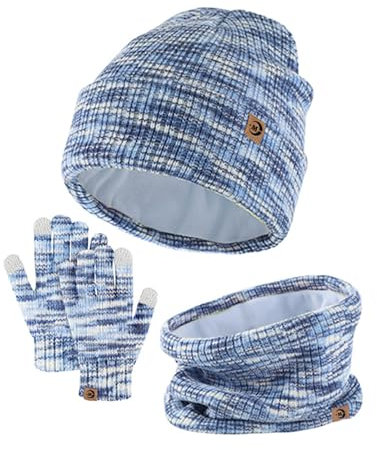 MARUKO Wintermütze Mütze Schal Handschuhe Set für Kinder, Mädchen Jungen Halswärmer Touchscreen Fäustlinge Weiches Fleece Futter Elastisch Sport Outdoor Geschenke für Kinder (Blau)
