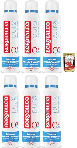 Borotalco, deo deodorant Spray Puro Brezza Marina, mit Talk mit atmungsaktiven Molekülen, ohne Alkohol und Aluminiumsalze, 48 Stunden Wirksamkeit, 6x 150 ml + Italian Gourmet polpa 400g