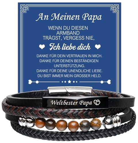 XUANPAI Armband mit Gravur Lederarmband Papa Geschenk - Personalisiert Armband Herren Tigerauge Armbänder für Herren Bester Papa Geschenke für Vater DAD Geburtstag Weihnachten