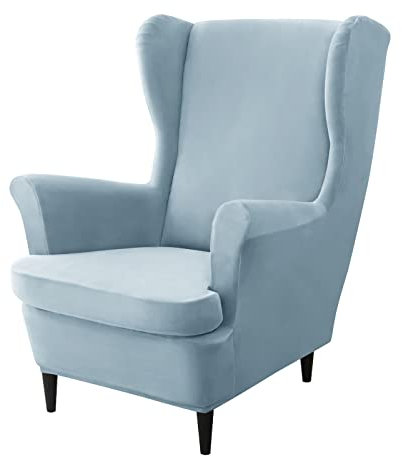 Stuhlhussen aus Samt, 2-teiliges Set, dehnbarer Schonbezug für Ohrensessel, Möbelschutz für Wohnzimmer, Sessel, Hellblau