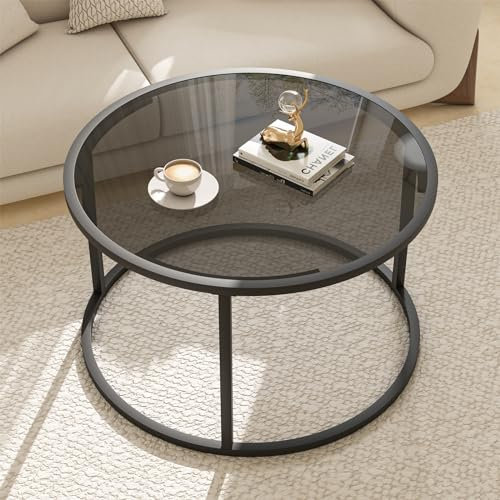 Huhote Couchtisch Rund Glas, Kreise Couchtisch Aus Glas, Wohnzimmertisch Schwarz, Wohnzimmertisch Schwarz Rund, Runder Coffee Table,Einfache Mitteltische Für Wohnzimmer, Graues Glastisch 45x70 cm