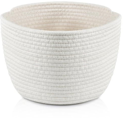 Wffeila Petit panier de rangement, corde en coton tressé, rangement pour étagères et armoires, salle de bain, accessoires de table à langer de salle de bain, 25 x 18 cm, blanc