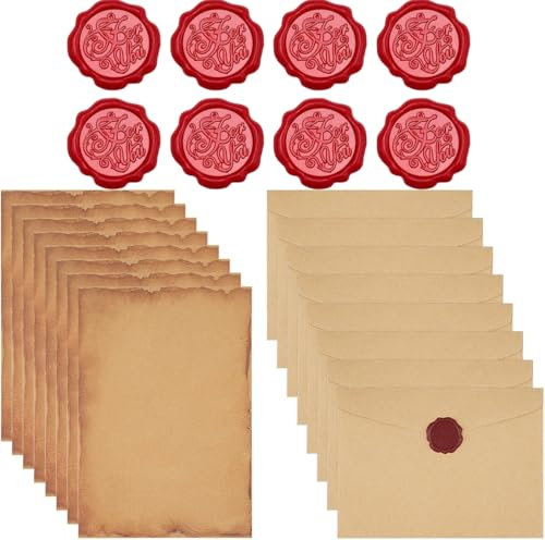 Zhenghebuy Stationary Set and Envelopes,8Pcs Vintage Letter Writing Paper and 8Pcs Envelopes with 8 Wax Seal Stickers,Vintage Kraft Paper Envelopes for Printing,DIY