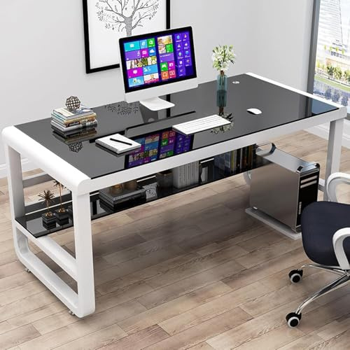 VOXELDRAG Bureau D'ordinateur en Verre Trempé avec Étagères de Rangement, Table D'étude Moderne avec Pieds en Métal, Poste de Travail pour Petits Espaces