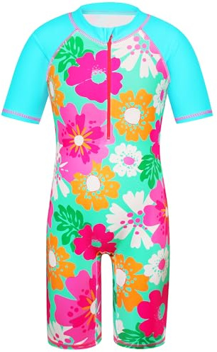 HUAANIUE Filles Maillot de Bain 1 Pièce 2-12 Ans, Anti-UV UPF 50+ Manches Courtes, Fermeture Éclair Frontale, Imprimés Colorés, Idéal pour Plage et Piscine (S253-Fleur Cyan, 4-5 Ans)