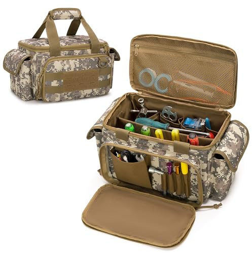 Rexmica Small Tool Bag with Anti-friction and Thick Padded Bottom, Tool Storage Organizer for Men, Tactical Range Bag, Multi-functional Work Bag for Repairman, Electrician, Carpenters (Camo)