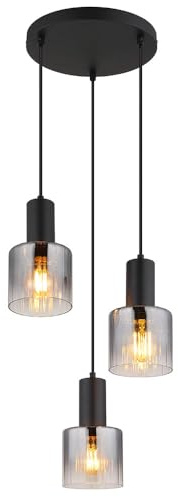 Hängelampe Pendelleuchte Esszimmerlampe Rauchglas E27 Metall schwarz 3-Flammig
