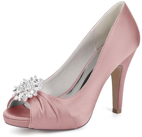 ENWIND Donne Pompe Peep Toe Strass Piattaforma Tacco Alto Raso Sera Abito da Sposa Scarpe,Rosa,37 EU