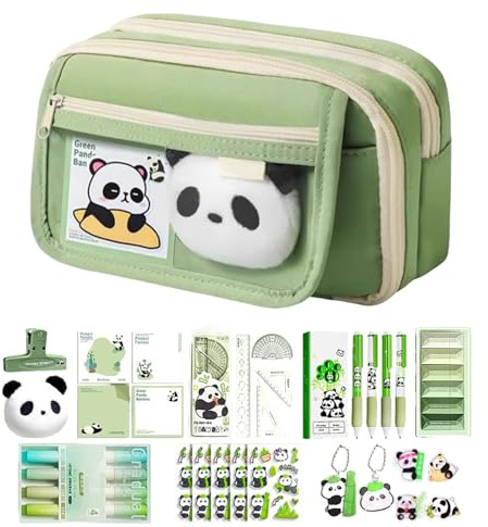 Federmäppchen Panda, Süße Stiftetasche Lustig Schulsachen Pencil Case Bleistift Beutel 9 Fach Etui mit Großer Kapazität Inkl Aufkleber, Haftnotiz, Textmarker, Lineal & Brosche Unisex für Schule & Büro