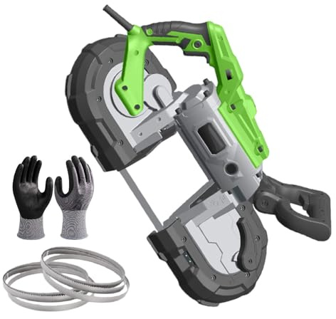Tragbare Bandsäge 1100W, Metall Kaltschnitt mit LED-Licht, 4,72 Zoll Schnittdurchmesser, 0,8-2,4 M/S Blattgeschwindigkeit, inklusive Handschuhen & 6 Sägeblättern, für Holz & Stahl Schneiden