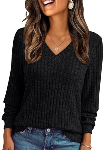 Haslike Women Dressy V Neck Ribbed Long Sleeve Tshirts Loose Fit Tops | Soft and Breathable Fabric, Comfy and Close to Your Skin, Suit for Every Wear, Dressy Casual Plain Design
