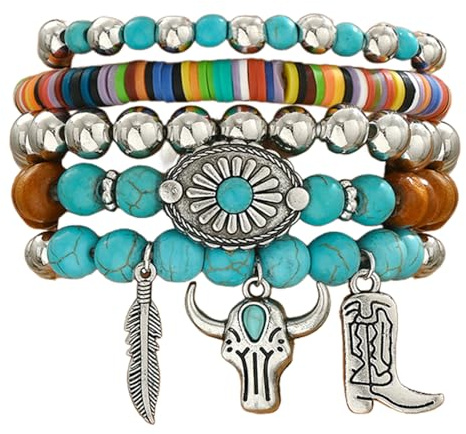 YAWYO 5er-Pack Western-Armbänder, Boho Cowgirl Perlen-Armbänder, Stapelbare Accessoires für Damen und Mädchen