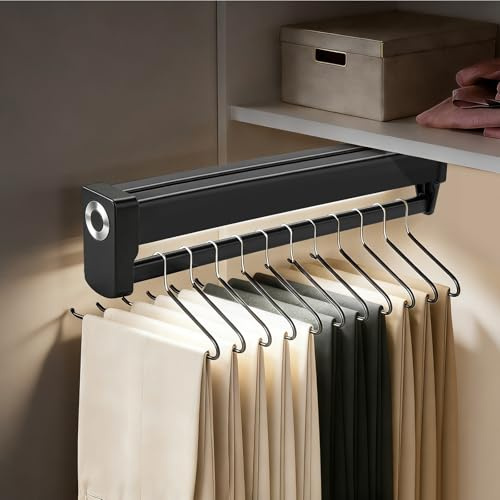 Ausziehbare Kleiderstange mit LED-Beleuchtung für Schrank Kleiderbügel | Hosenaufhängung Hosenhalter Ausziehbar Teleskop Kleiderstange, Obermontiert mit integriertem Lithium-Batterie - 550mm