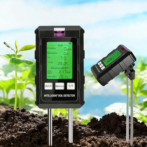 OraTrade ﻿6-in-1 Bodentester Digital, Messgerät für Bodenfeuchtigkeit PH Düngerstoffgehalt Temperatur Licht Luftfeuchtigkeit, Doppel-Sonde Bodentester für Gartenarbeit, Rasenpflege & Landwirtschaft