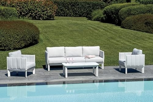 Gruppo Maruccia - Salon extérieur en aluminium imbotitio - 5 Posit avec Canapé, Fauteuils avec Coussins, Table Basse Effet Marbre - Meubles Jardin, Hôtel, Resort - Couleur