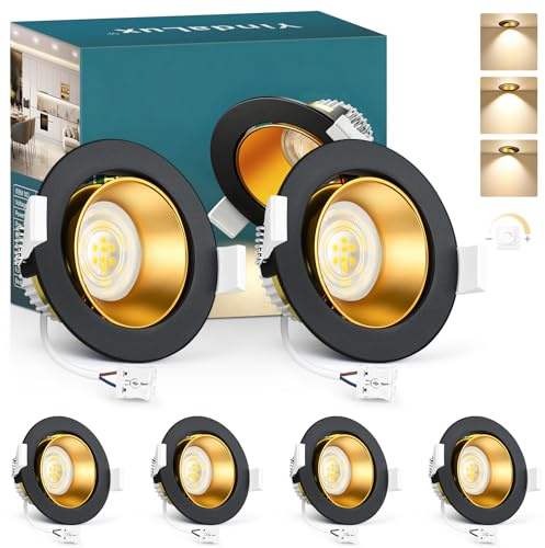 YindaLux 6x LED Einbaustrahler 230V 4000K 5W Schwarz Gold, Loch 75-80mm | 550LM, Nicht dimmbar, 38°/120° Abstrahlwinkel, 45° schwenkbar, IP44, Abnehmbare LED Modul, Tiefe Reflektorschale