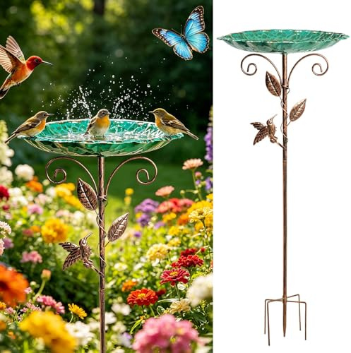 Metall Vogeltränke Stehend, 30inch Schale Wasserstelle Stehend mit Stabiler 5-Zinken-Basis,Blätter Statue Vogelbad, Vogelbad für Draußen Garten für den Bienen, Vögel, Garten, Grün